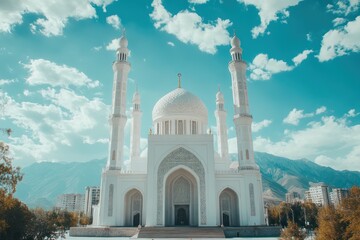 Naklejka premium Majestic white mosque, mountain backdrop, sunny day, city view, religious tourism