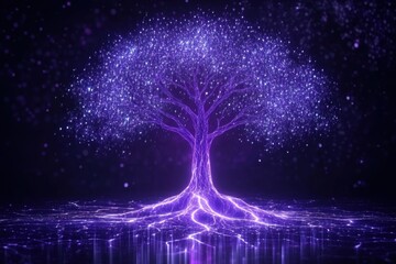 Enchanting Purple Tree of Life Radiating Mystical Energy in a Dark Serene Ambiance for Spiritual Growth and Connection