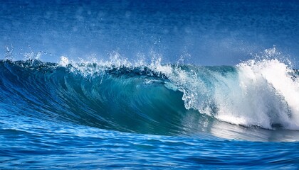 Naklejka premium Vibrant Ocean Wave Crashing Under Bright Blue Sky at Midday, Showcasing Nature's Power and Beauty