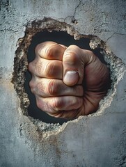 Fist breaking through concrete wall symbolizing strength and determination