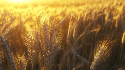 Golden wheat field at sunset, sun rays shining through.