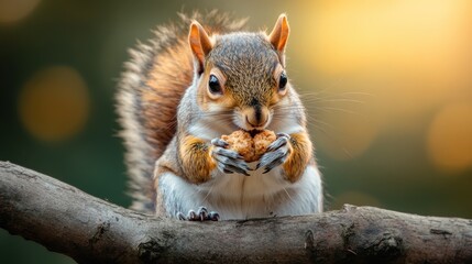 This endearing squirrel grips a piece of food tightly, framed against a soft background that highlights the beauty of nature and the essence of joy.