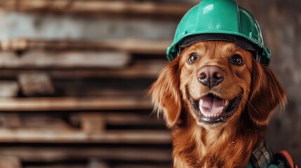 This adorable golden retriever, adorned with a green hard hat, beams with happiness and charm, illustrating a whimsical take on a construction worker's life.