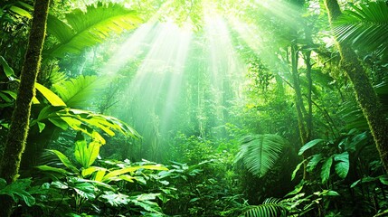 Obraz premium Sunbeams pierce lush rainforest, jungle foliage background, nature scene