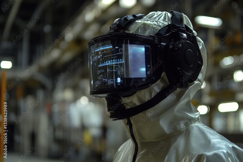 Poster Futuristic worker in a high-tech protective suit and helmet in an industrial setting during nighttime