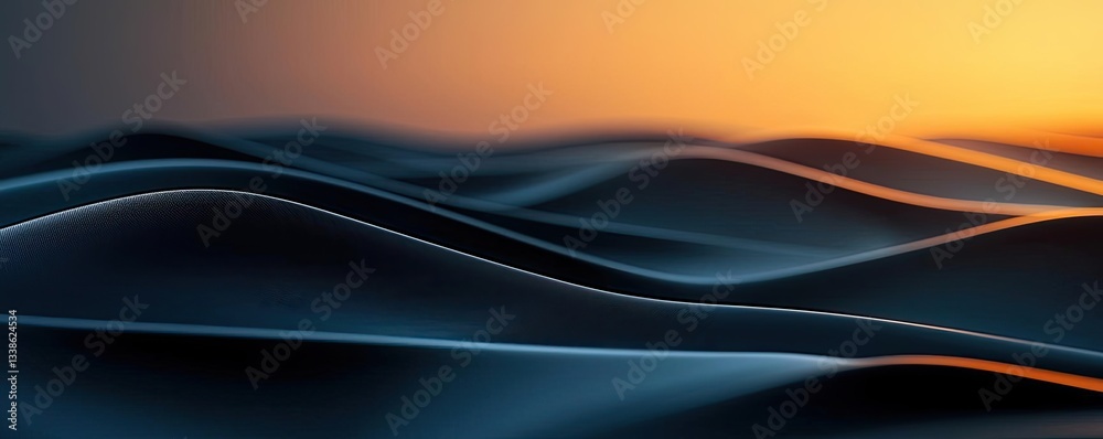 Poster Surrealist art abstract background concept. Serene waves undulating under a sunset glow in a tranquil landscape.