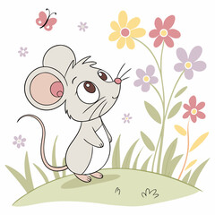 Cute Mouse in Flower Garden - Pastel Cartoon Illustration.
