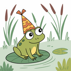 Fototapeta premium Cute Frog in Party Hat - Cartoon Illustration - Green Amphibian - Children's Book.