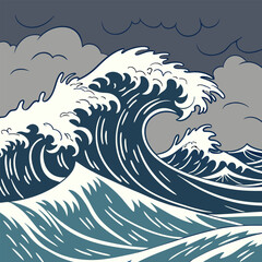 Powerful Ocean Waves: Hand-Drawn Nautical Stormy Sea Illustration.
