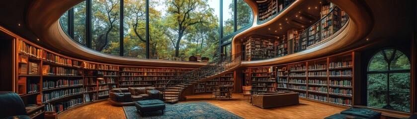 Fototapeta premium a stunning library filled with books, featuring a spiral staircase and a beautiful view of nature outside