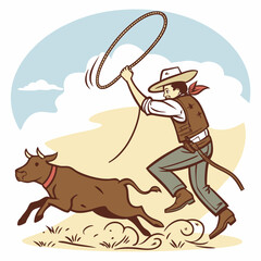 Cowboy Lassoing Calf: Vintage Western Illustration - Brown & Beige. © Mohamed