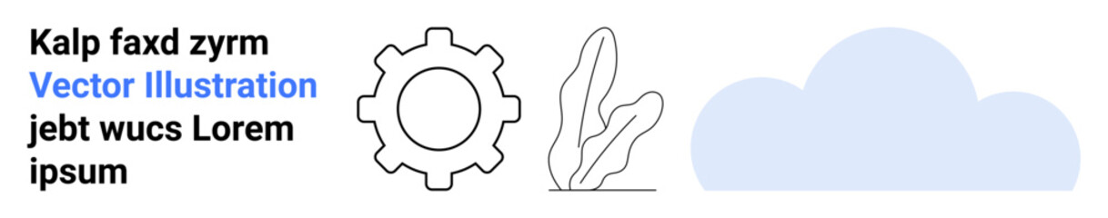 Gear icon, minimalist leaf design, and cloud shape associated with innovation, eco-friendly practices, cloud technology, growth, sustainability, digital processes, and simple landing page