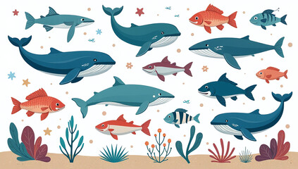 cartoon illustration various marine creatures including whales fish invertebrates set vector