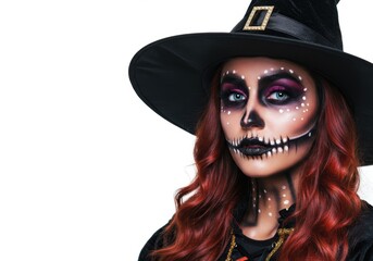 Fototapeta premium Halloween witch with artistic skeleton makeup and black hat on white background