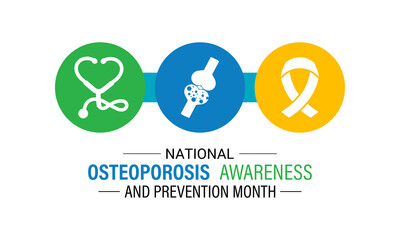Vector graphic of National Osteoporosis Month health awareness. Awareness ribbon and human bone icon. Design for web banner, cards, prints, social media, poster, flyer and background design template.