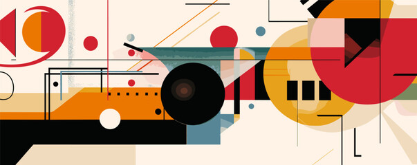 Obraz premium Abstract geometric art with circles, lines, and shapes in multicolored composition.