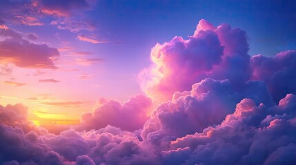 Sunset landscape abstract background idea. Vibrant clouds illuminated by sunset hues create a tranquil sky scene.