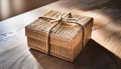 Wrapped gift sitting on wooden table with natural lighting creating a warm ambiance
