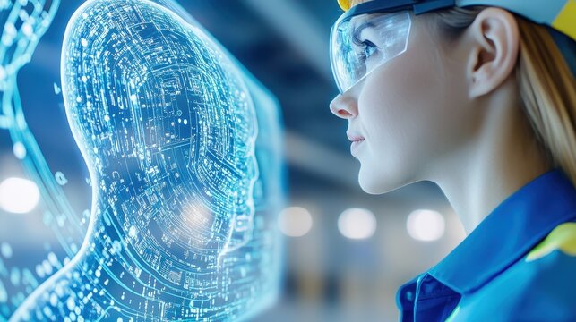Engineer Observing 3D Digital Blueprint With Hologram