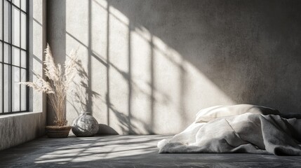 Sunlit Room with Concrete Wall, and Bed Linen.