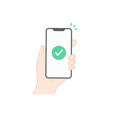 手に持ったスマホに表示されたチェックマークの完了アイコン (線画・フラット)