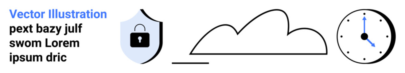 Obraz premium Shield with lock for security, cloud for storage, clock for time. Ideal for security, data protection, cloud services, time efficiency, technology, digital storage simple landing page