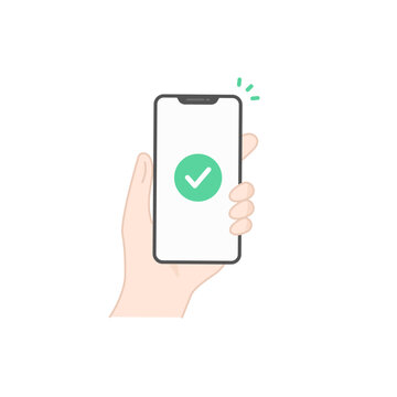 recommend clip art: 手に持ったスマホに表示されたチェックマークの完了アイコン (線画・フラット)