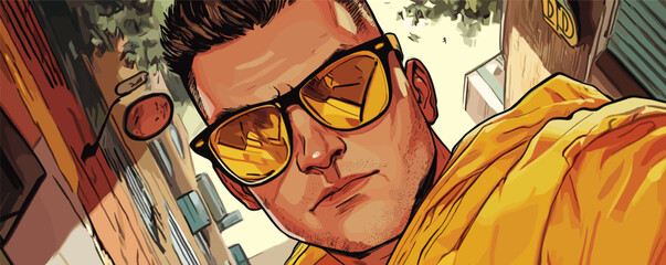 Stylish young man in yellow hoodie and sunglasses walking in urban setting.