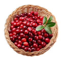 Vibrant Cranberries in Woven Basket: A close-up shot of ripe, juicy cranberries spilling from a rustic woven basket, with fresh green leaves adding a pop of color.