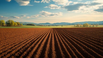Plowed field creating parallel lines in fertile soil at sunset