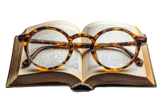 Glasses resting on an open book with pages filled with text in a cozy reading environment