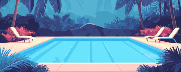 Tropical resort pool at night with palm trees and lounge chairs.