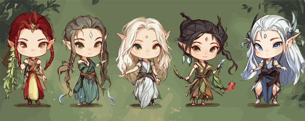 Five cute elven characters in fantasy outfits with colorful hairstyles and pointed ears on green background.