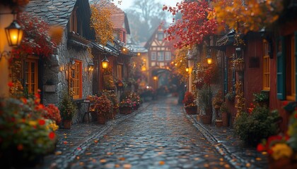 Fototapeta premium A quaint cobblestone street surrounded by autumn foliage and lighting