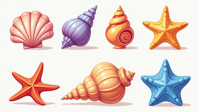 colorful sea shell set starfish summer beach vacation illustrations flat cartoon