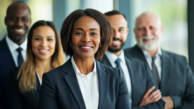 A diverse, skilled team of business professionals stands confidently in a modern office, showcasing teamwork and leadership in the fastpaced tech industry, emphasizing collaboration and innovation
