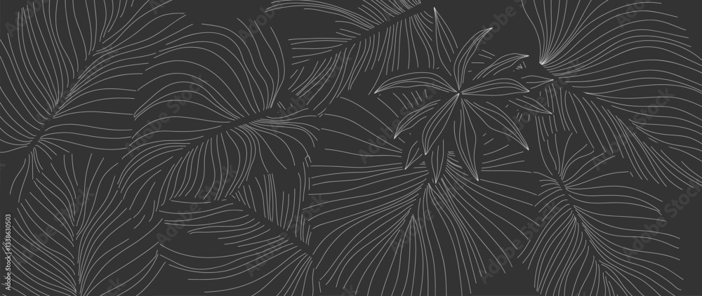 Poster botanical line art background vector. natural botanical elegant with white line art on gray backgrou