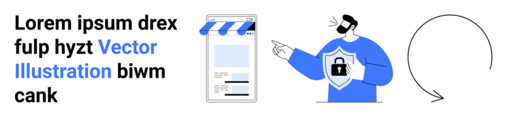 Man pointing at a mobile screen with a striped awning design while wearing a shield lock on his shirt signifying cybersecurity. Ideal for digital security, application safety, privacy protection