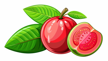 Fresh guava fruit with vibrant red flesh and green leaves on a clean white background, red guava fruit with leaf isolated on