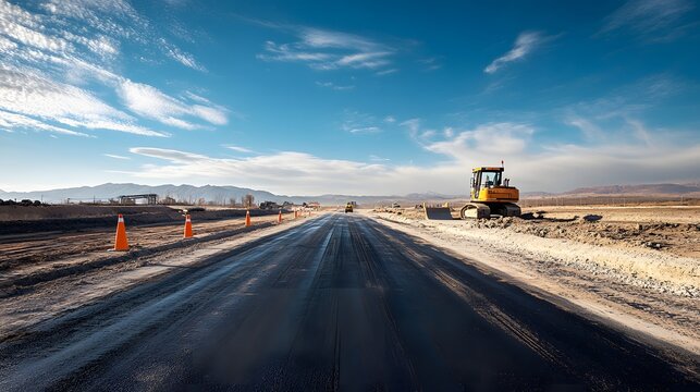 New Road Construction Under Sunny Skies and Mountains
