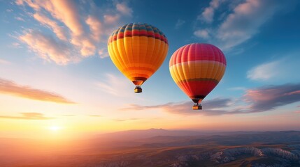 Fototapeta premium Marvel at the breathtaking view of hot air balloons gracefully rising against a vibrant dusk sky, inviting tranquility and a sense of adventure in the open air.