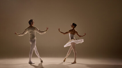 Obraz premium Dancers move in seamless harmony, bodies aligned in perfect rhythm, golden light highlighting soft tutus and graceful lines. Concept of balance, expression, movement, poise, classical art.