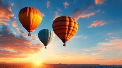 Fototapeta premium Experience the thrill of three colorful hot air balloons gracefully ascending at dawn, capturing the essence of adventure, exploration, and the beauty of nature.
