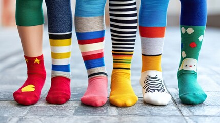 Close-up of children's feet in different socks, fun composition. socks, sock, legs, leg, woman, foot, feet, striped, fashion, color, colorful, stockings, isolated, red, fun, clothing, child, shoe