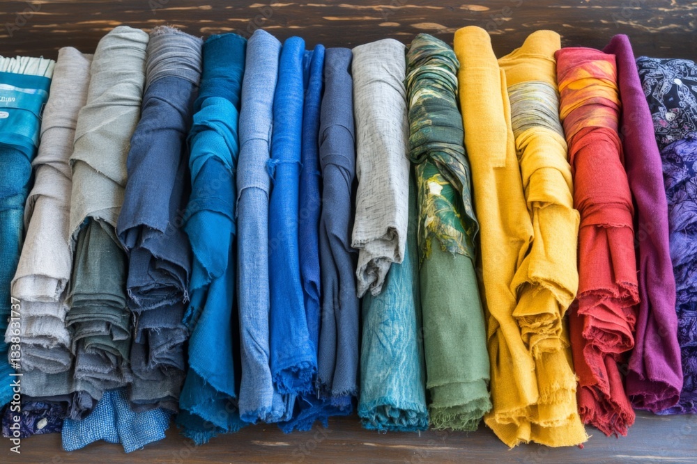 Poster Collection of neatly rolled fabrics in various colors arranged on a display shelf