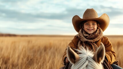 Obraz premium A joyful child riding a horse in a vast open field, wearing a cowboy hat and scarf, embodying the spirit of adventure and the essence of country life in nature's beauty.