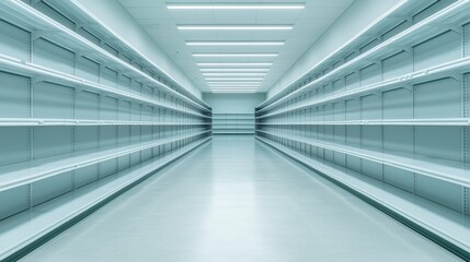 Naklejka premium Empty aisle with sleek shelves in a modern store interior.