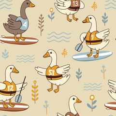 Seamless pattern with funny goose surfer. Summer print. Vector hand drawn illustration.