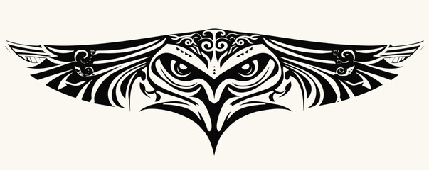 Intricate tribal owl tattoo design with symmetrical patterns and bold black lines.