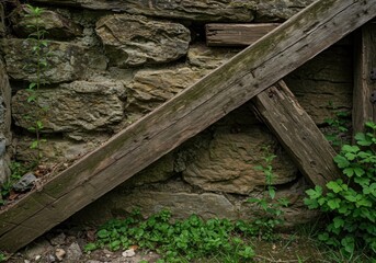 Fototapeta premium Rustic Stone Wall with Aged Wood Support in a Natural Setting, Perfect for Historical Architecture Enthusiasts.